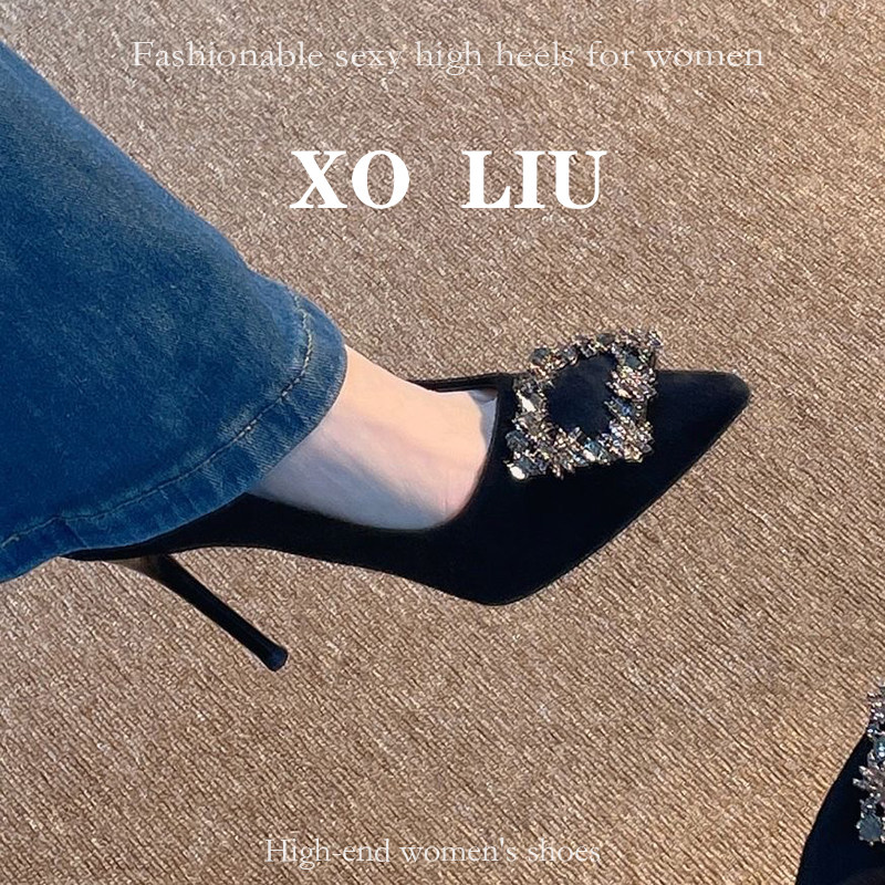 黑色绒面高跟鞋新款大码女鞋名媛气质女神范水钻法式尖头浅口单鞋