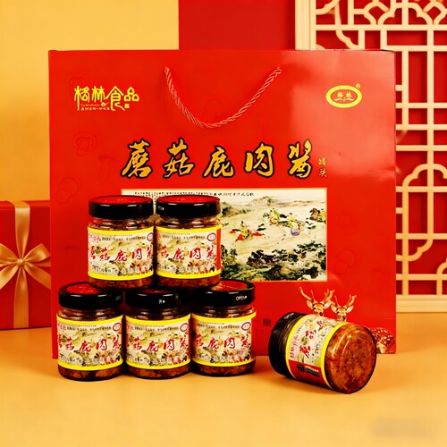 承德特产格林蘑菇鹿肉酱隆化蘑菇酱微辣拌面下饭酱180g*6瓶礼盒装