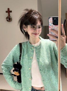 百搭薄荷绿卷边针织开衫女春秋百搭绿色上衣早春外搭软糯毛衣外套