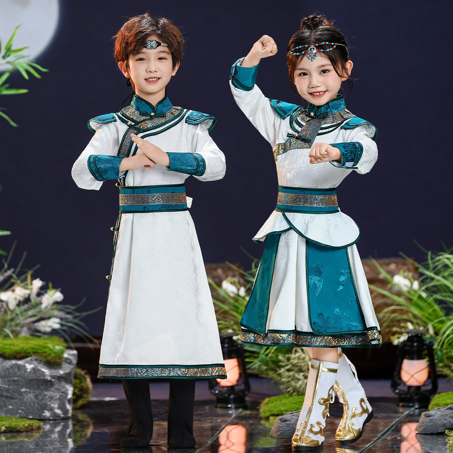 蒙古儿童女演出服装白马舞蹈服饰