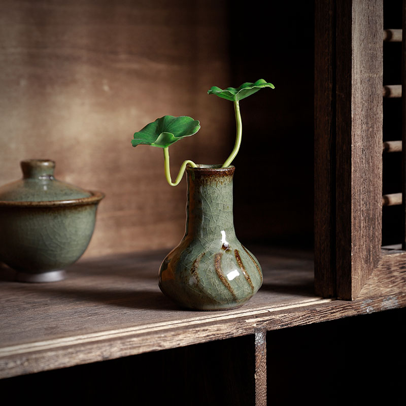 中式陶瓷花瓶花器桌面小摆件展示架茶桌复古插花水培植物铜钱草