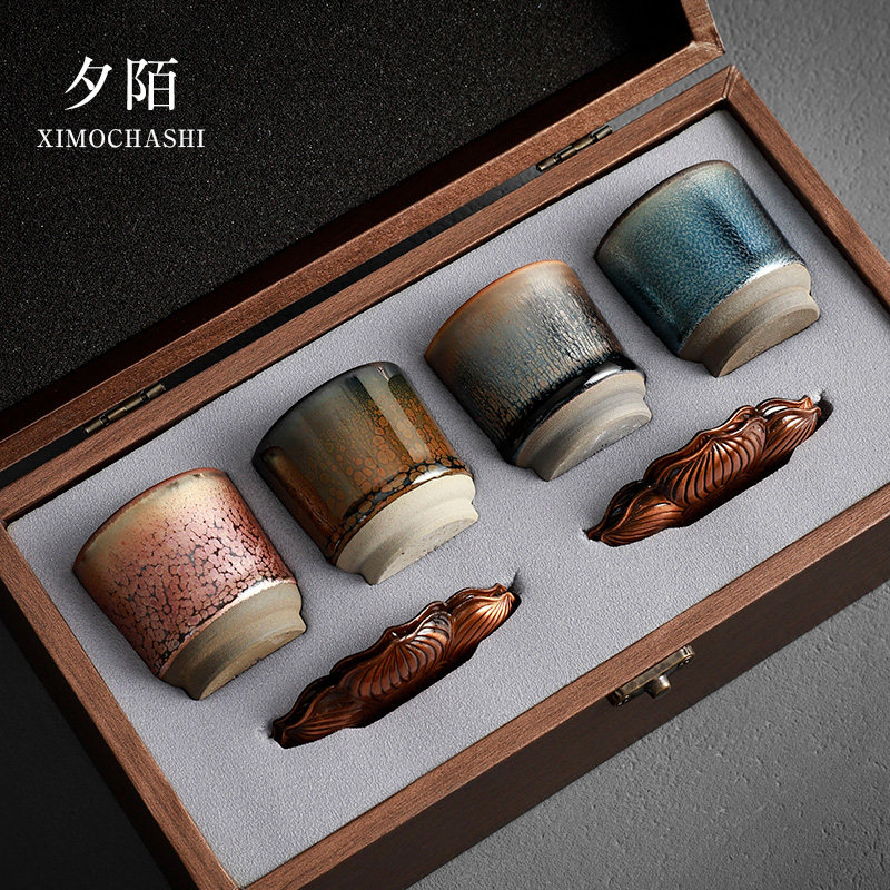 建盏四季杯建阳铁胎小茶杯功夫茶具四色品茗杯蓝麒麟油滴银毫茶盏