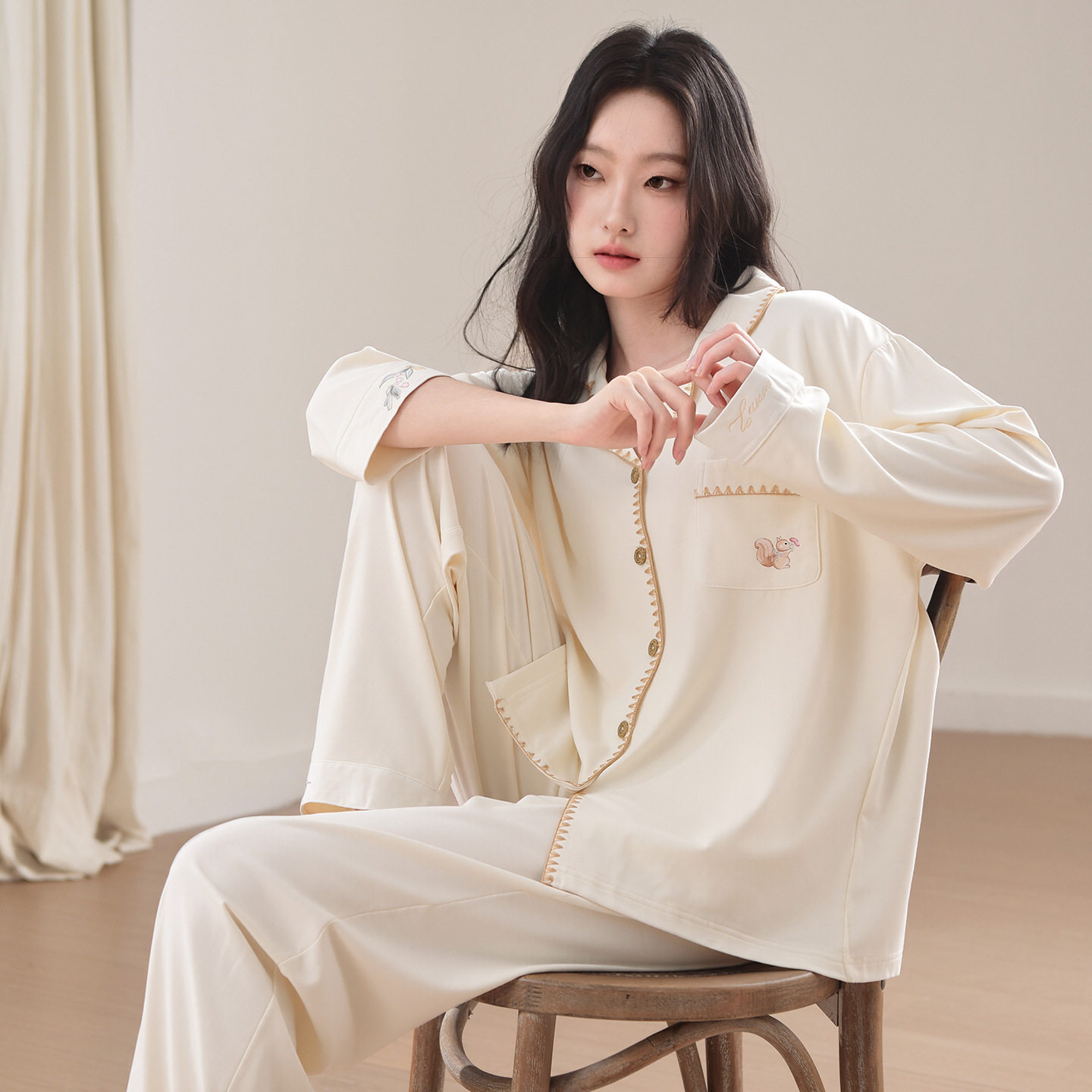 罗丽丝纯棉睡衣女春秋季开衫长袖长裤套装纯色简约休闲可外穿全棉