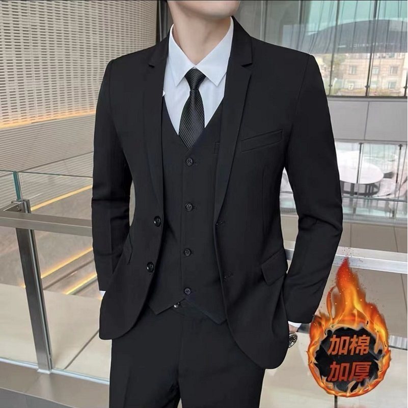 冬季西服套装男士加绒加厚秋冬修身商务职业正装韩版保暖西装外套