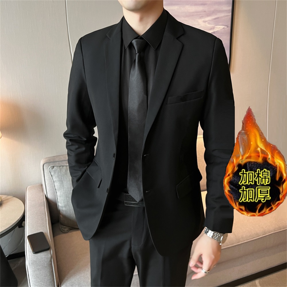 秋冬加绒加厚西装套装男结婚西装