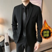 韩版 男士 修身 商务正装 秋冬加绒加厚西装 休闲青年新郎结婚西装 套装