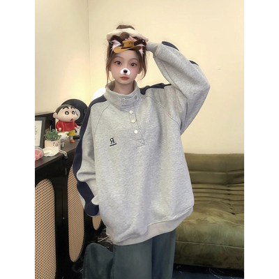 立领灰色卫衣女秋冬加绒