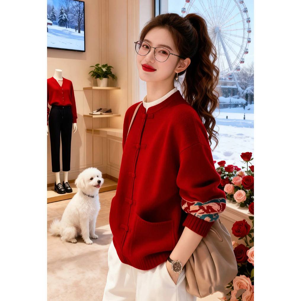 独特别致新中式国风假两件针织衫女2026秋冬新款超好看慵懒风外套