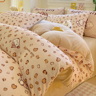 卡通牛奶绒加厚保暖床上四件套卧室粉色可爱床笠款床单被套家用