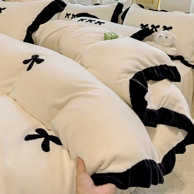法式花边牛奶绒四件套2025新款秋冬季加厚保暖床单被套床笠床裙款