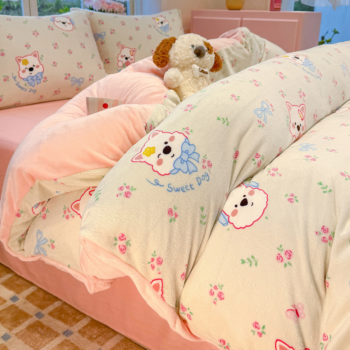 ins卡通可爱牛奶绒四件套加厚保暖双面绒被套床单枕套床上用品