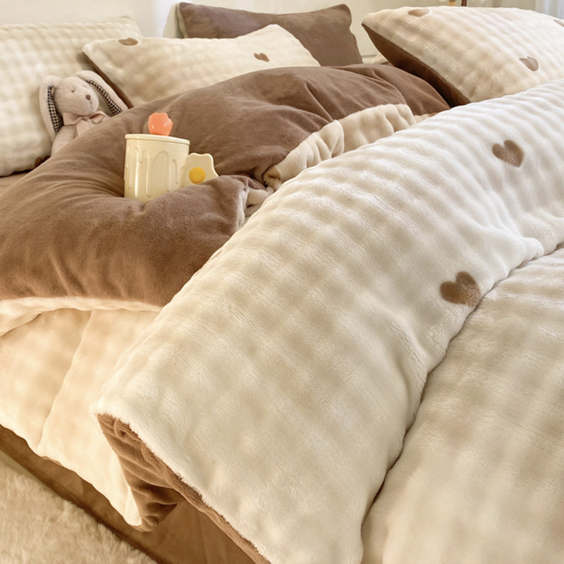 冬季加绒泡泡绒四件套床上用品双面牛奶绒加厚床单被套冬天床笠款