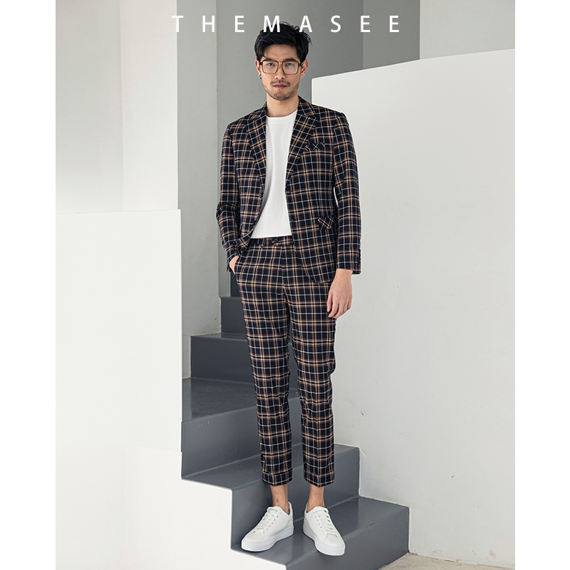 THEMASEE男装|复古格子西服套装男英伦风西装九分裤修身韩版帅气