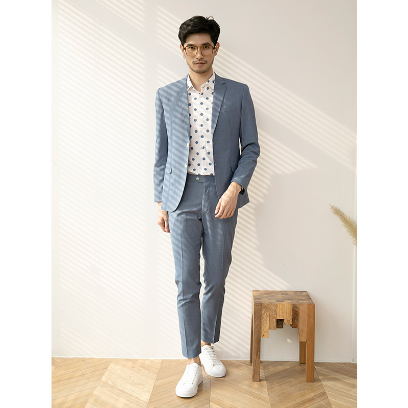 THEMASEE西装|韩版蓝色单排扣夏季薄款西服套装休闲时尚潮流西装