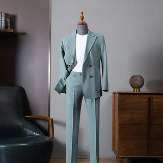 THEMASEE男装|双排扣绿色西装套装男薄款修身英伦潮流正装两件套