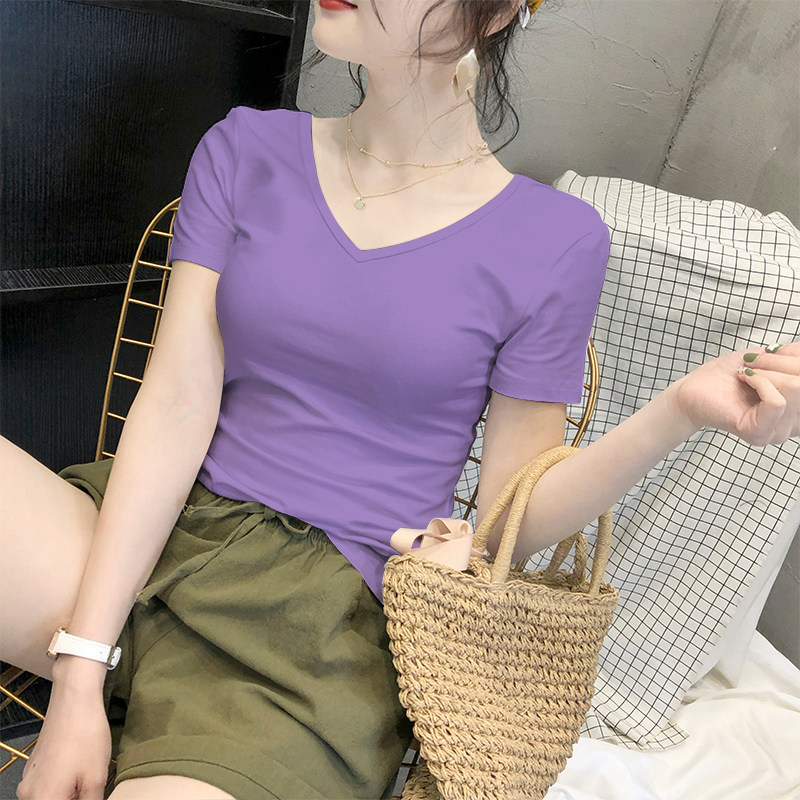 纯棉香芋紫色短袖T恤女2025夏季V领修身显瘦纯色半袖质感简约上衣