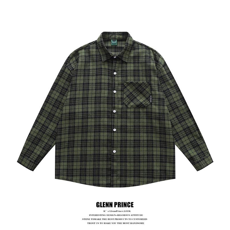 GPstudio古着vintage磨毛绿色格子衬衫男早秋宽松bf百搭长袖衬衣