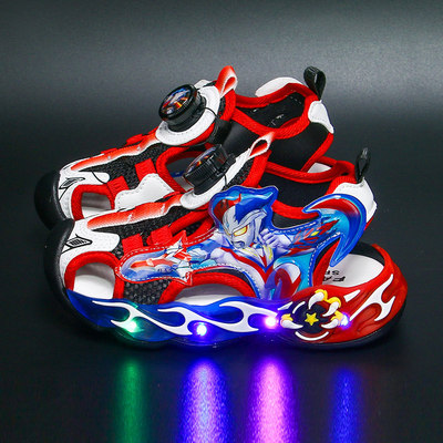 江博士男童包头凉鞋夏季奥特曼儿童亮灯鞋赛罗沙滩鞋男孩发光鞋