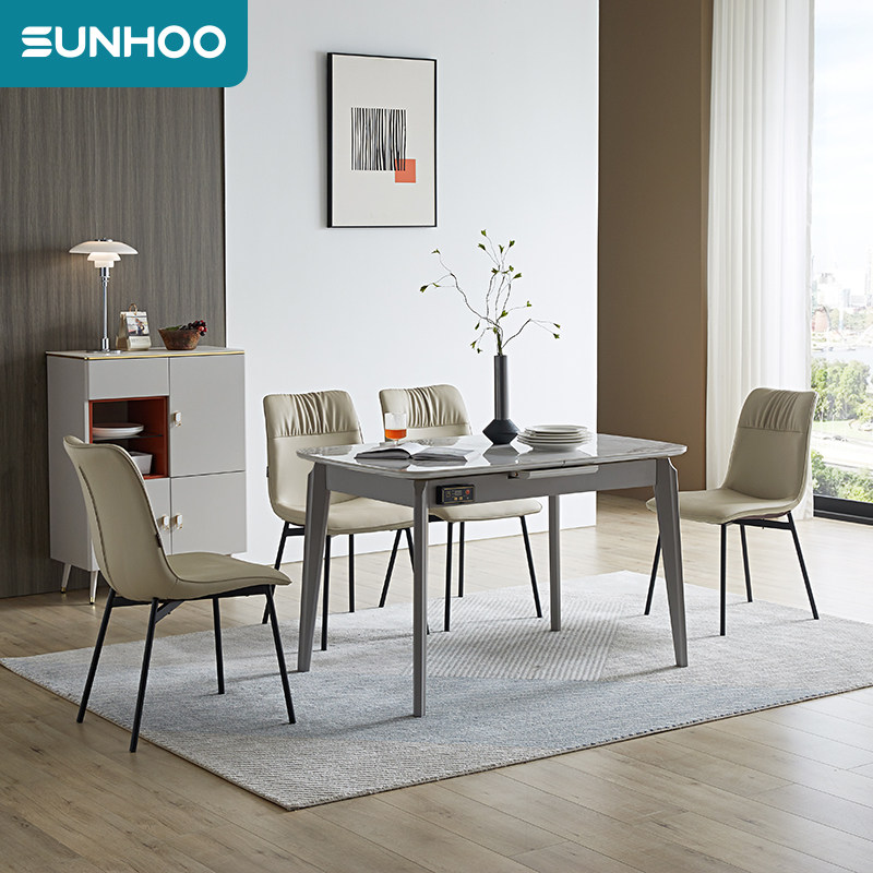 双虎 岩板伸缩餐桌带电磁炉一体家用现代简约轻奢餐桌椅组合16002