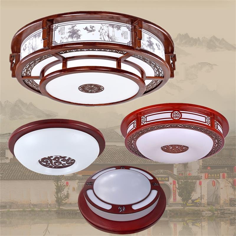中式圆形吸顶灯中国风家用大灯仿古红木卧室LED实木阳台过道灯具