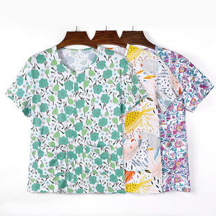 印花开衫 短袖 T恤背心中老年汗衫 妈妈夏纯棉家居服女夏天宽松大码