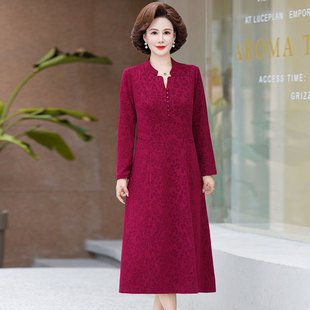 妈妈装春装长袖连衣裙潮流复古提花V领中年女士过膝气质减龄长裙