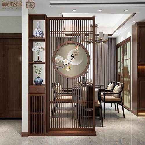 新中式进门玄关屏风隔断柜客厅现代简约装饰入户实木镂空置物架