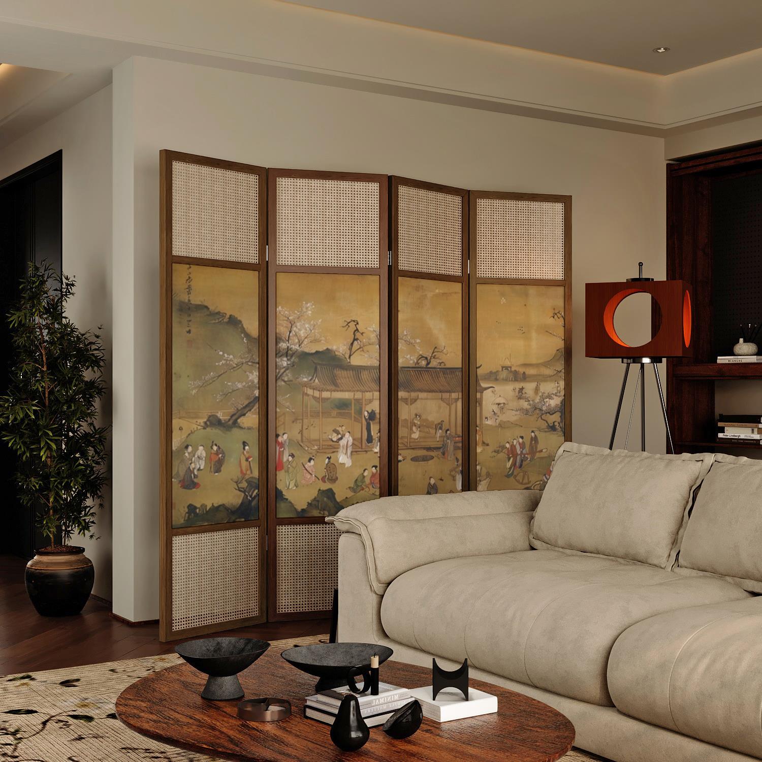 宋代美屏风隔断实木客厅茶室门厅活动折叠沙发背景墙藤制屏风
