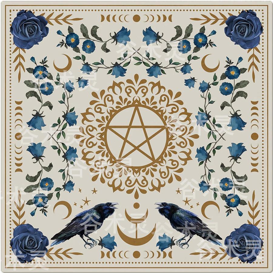 加厚绒布 五芒星蓝玫瑰乌鸦神秘塔罗桌布塔罗牌推牌布 罗牌桌垫