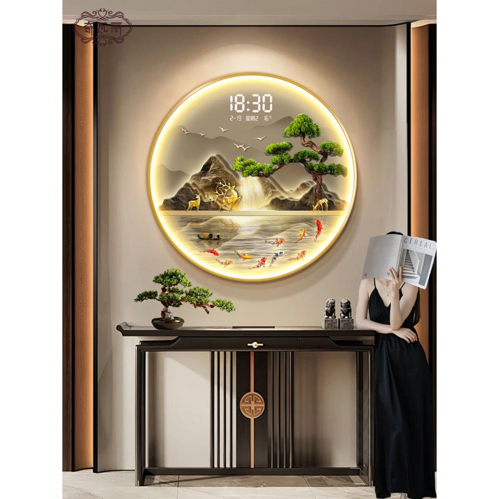 新中式入户圆形玄关装饰画钟表挂钟餐厅挂画流水生财九鱼图壁灯画