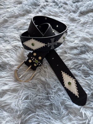 afaaa中古菱形撞色宝石腰带Vintage铆钉十字架拼色皮带简约复古风