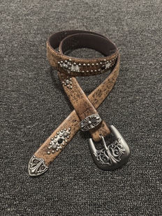 afaaa日式 复古手工做旧金属雕花皮带Vintage小众百搭重磅铆钉腰带