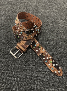 afaaa中古虎斑纹马毛腰带彩色宝石Vintage铆钉小众高级感复古皮带