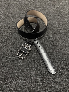 afaaa中古宫廷风二层牛皮雕花针扣黑色皮带 优雅简约通勤复古腰带