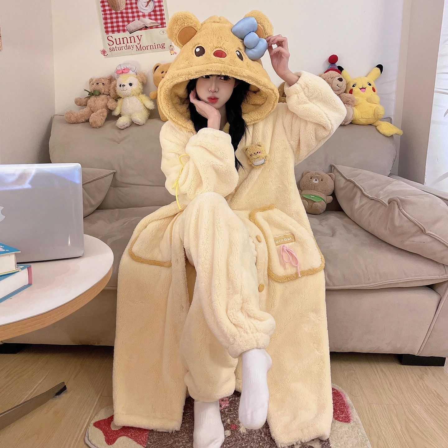 潮牌珊瑚绒睡袍女2025秋冬新款可爱法兰绒加绒加厚睡衣家居服套装