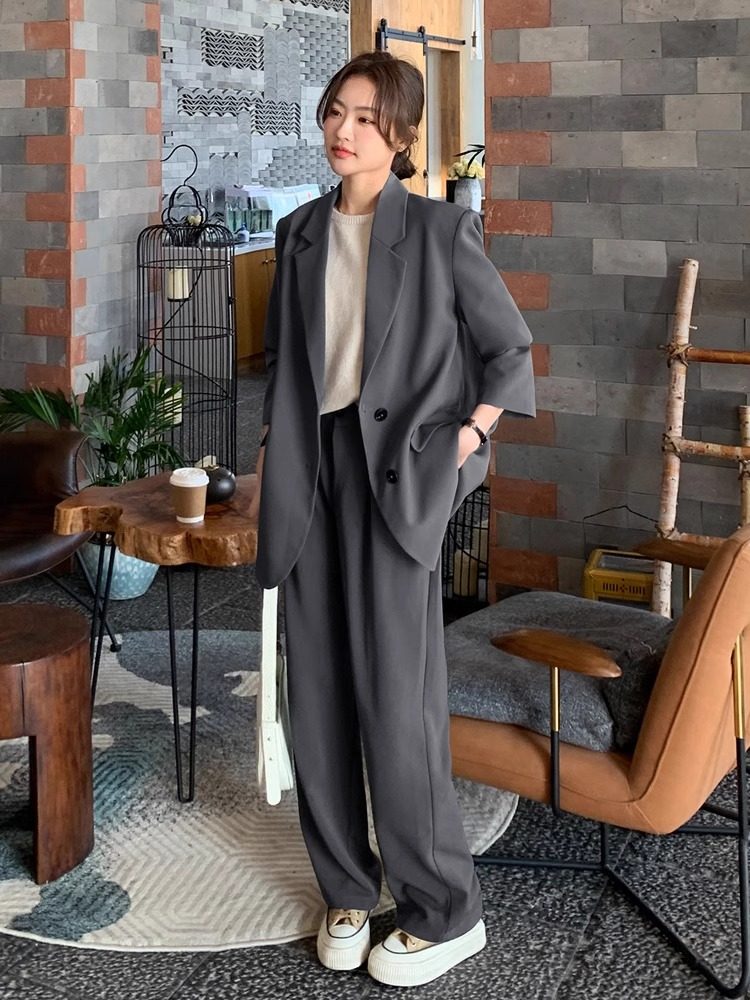 潮牌灰色西装套装女2025春秋季韩版职业正装面试休闲高级感两件套