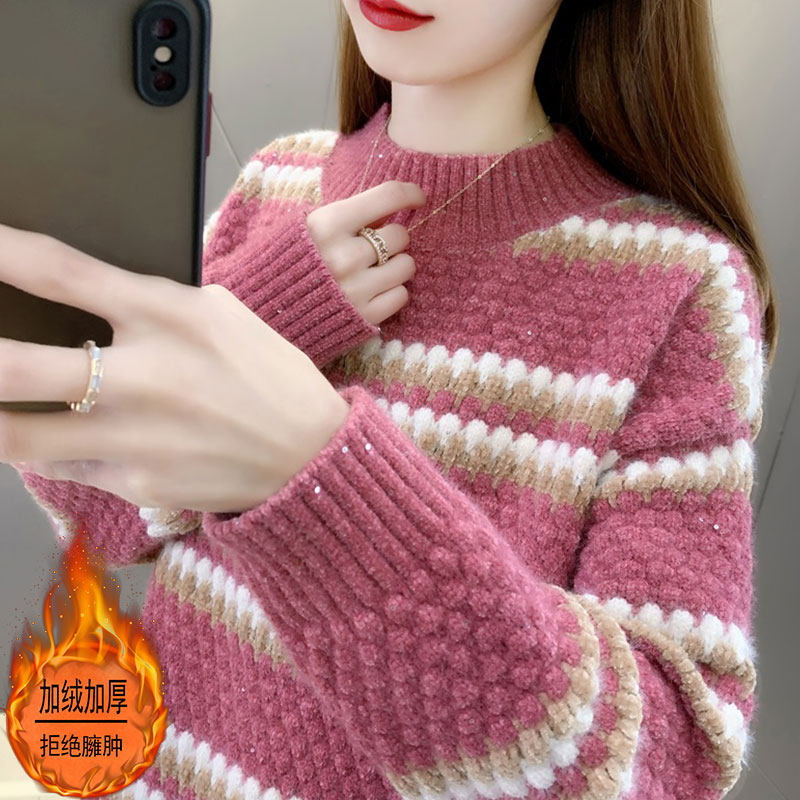 潮牌女士雪尼尔毛衣加绒加厚秋冬装2025年新款打底衫洋气减龄上衣