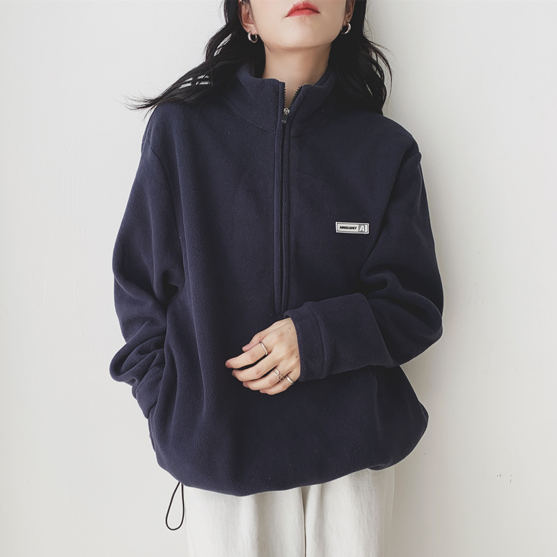 潮牌摇粒绒外套女宽松美式秋冬加绒加厚立领套头卫衣抓绒保暖上衣