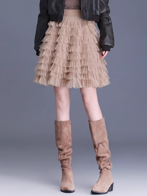 潮牌2025冬季新款毛线半身裙女百搭网纱蛋糕蓬蓬纱裙小个子百褶裙