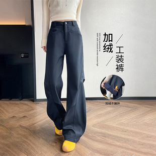 潮牌加绒弯刀工装裤女2025秋冬新款高腰显瘦美式运动香蕉阔腿裤