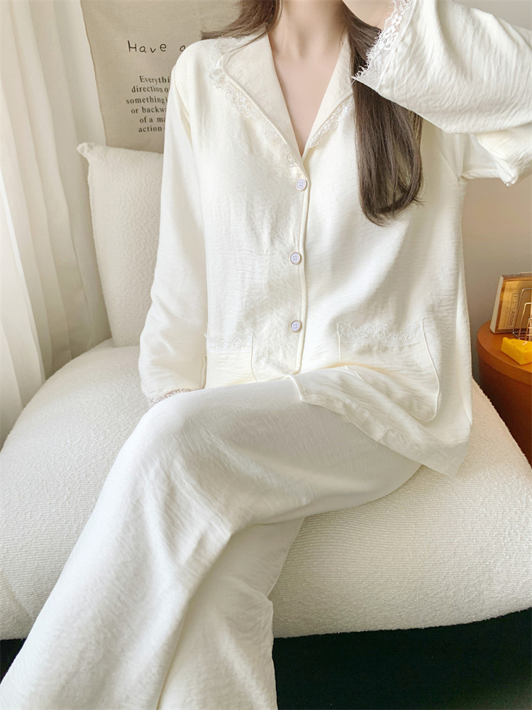 潮牌韩系高级感纯色睡衣女款纯棉长袖带胸垫性感蕾丝花边家居服