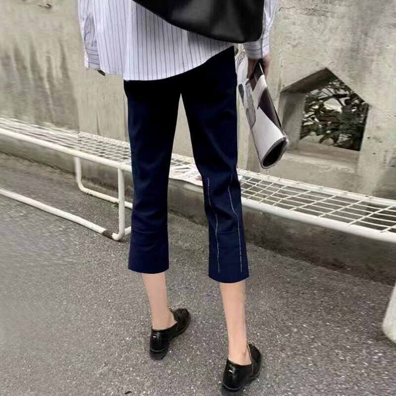潮牌七分裤女夏季薄款烫钻弹力宽松显瘦冰丝松紧腰九分休闲直筒裤