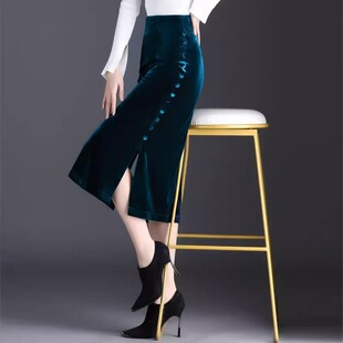 潮牌金丝绒高腰开叉半身裙女秋冬新款法式小个子高级感显瘦包臀裙