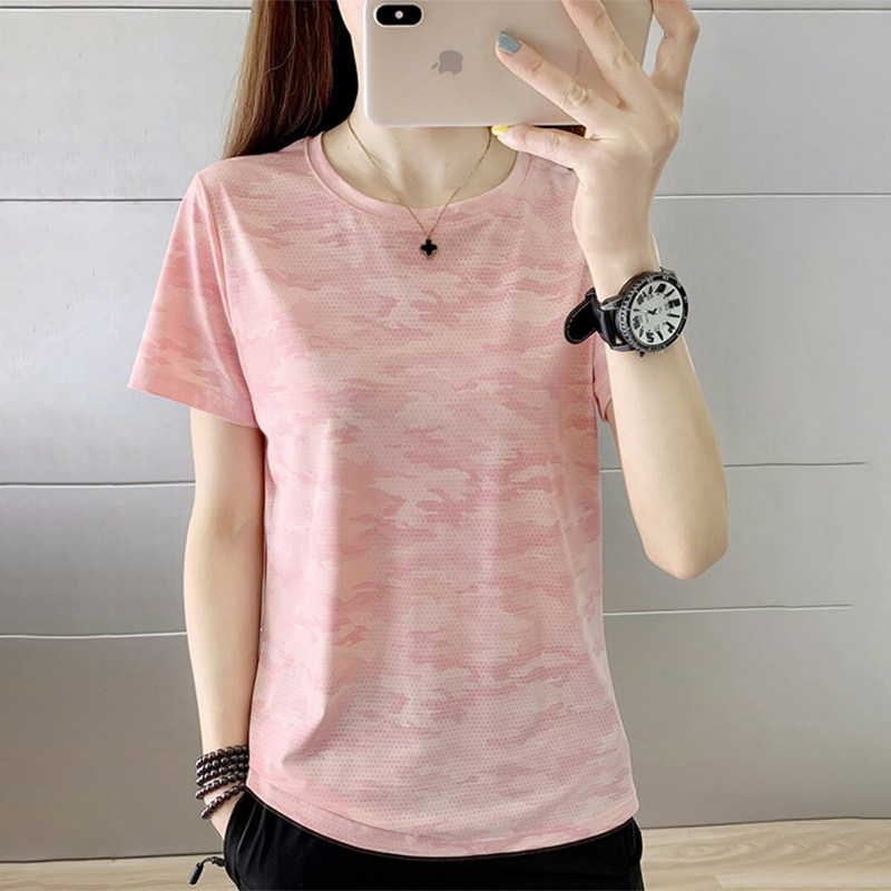 潮牌速干衣女短袖跑步服健身服迷彩冰丝快干宽松运动套装速干t恤