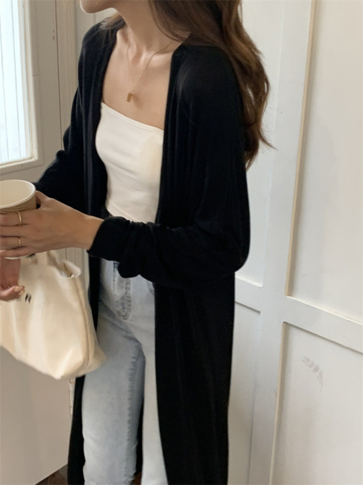 潮牌空调衫冰丝长款针织开衫防晒衫黑色外套女夏季超薄款外搭外披