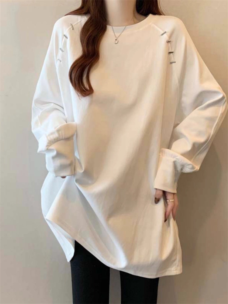 潮牌法式中长款长袖t恤女2025秋新款大码胖mm遮肉卫衣打底衫上衣