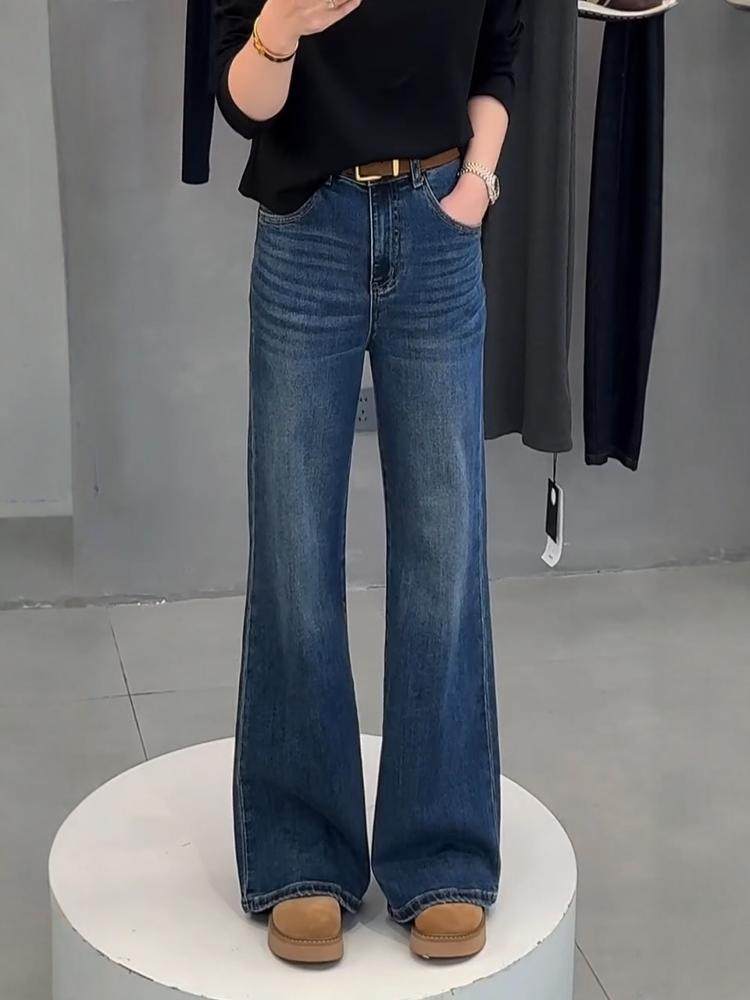 潮牌大码高腰弹力直筒微喇牛仔裤2025秋季胖mm窄版显瘦阔腿拖地裤