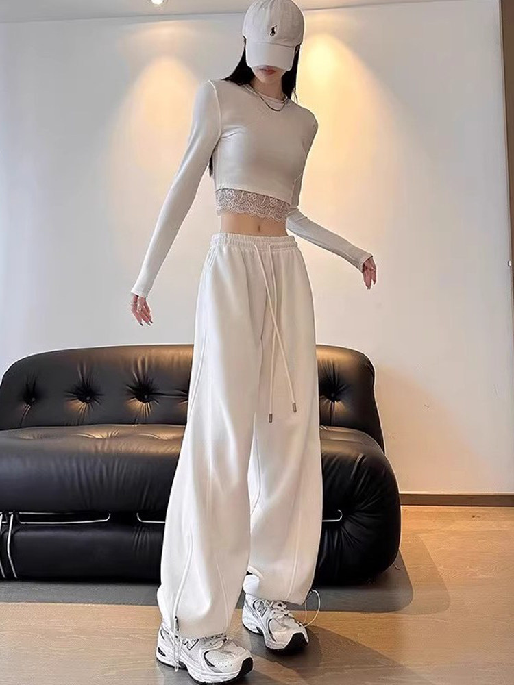 潮牌白色运动卫裤女2025秋冬季新款休闲直筒加绒香蕉百搭阔腿裤