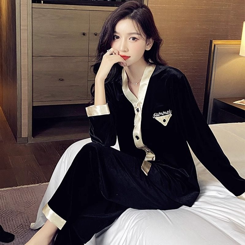 潮牌金丝绒睡衣女秋冬高端时尚长袖宽松大码性感家居服高级感套装