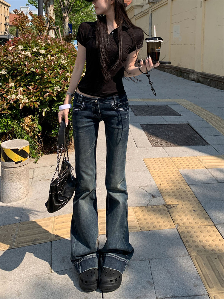 潮牌复古低腰微喇牛仔裤女2025夏季新款薄款休闲显瘦设计感拖地裤